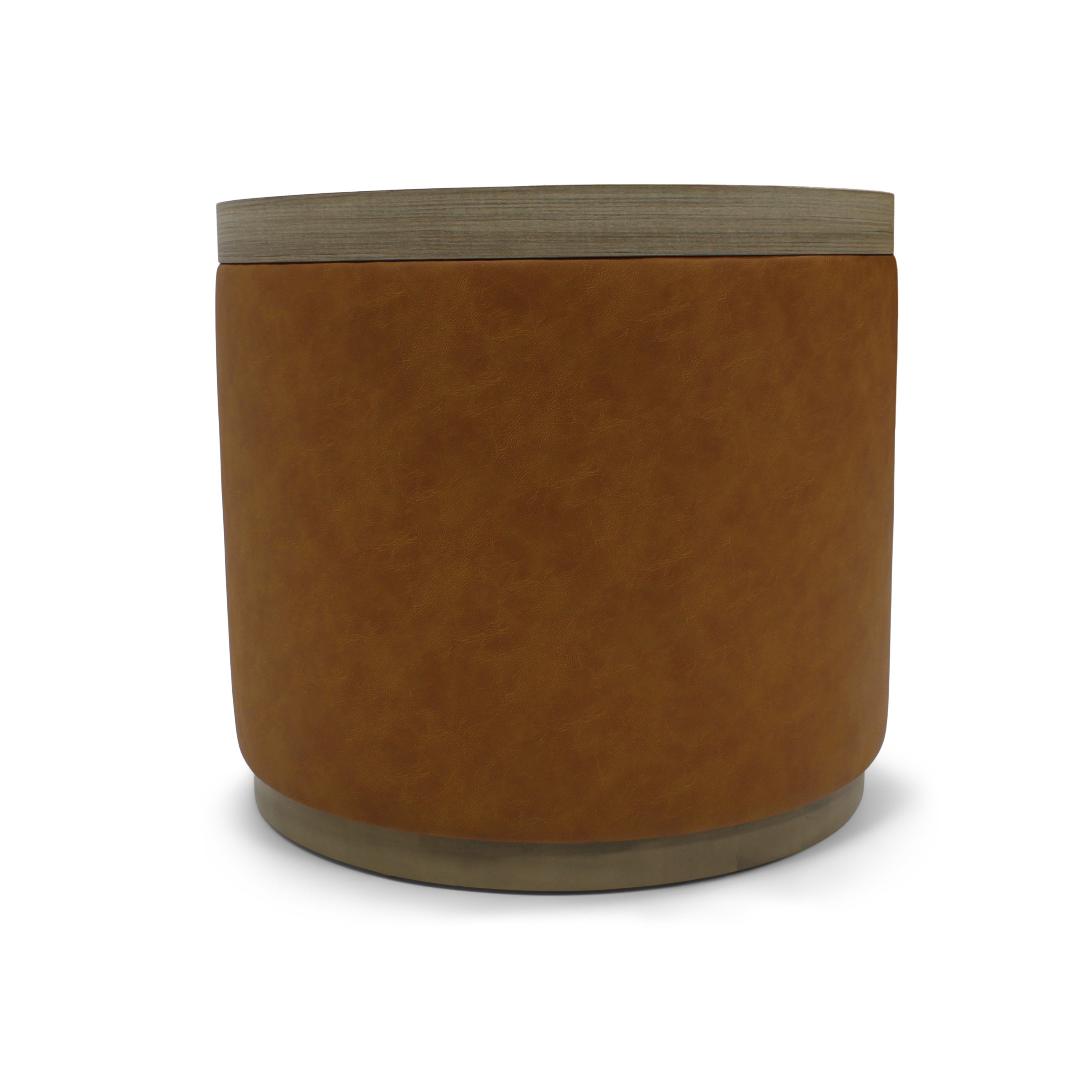 Brown cylindrical ottoman with a gray top on a white background