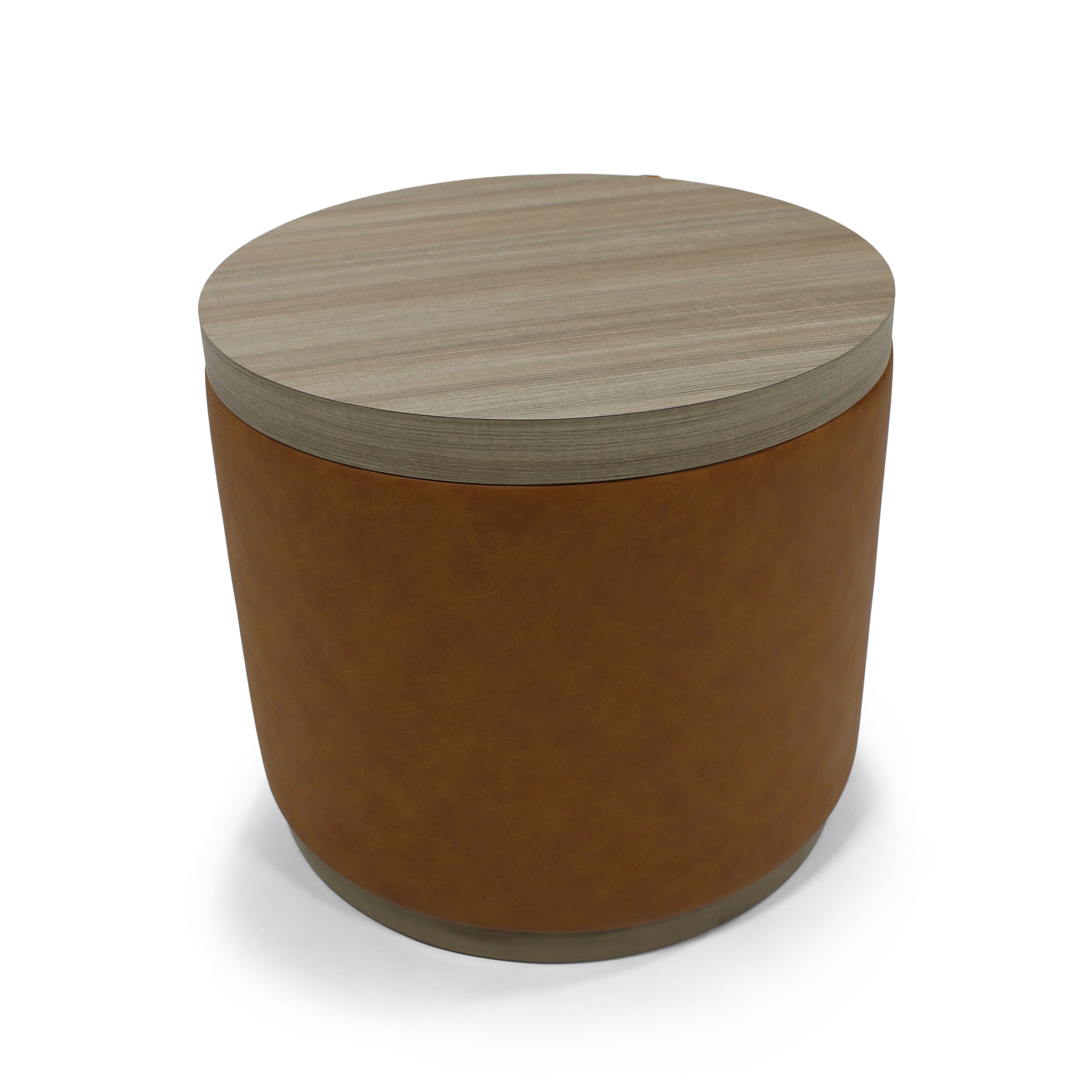 Round wooden stool with a brown base and gray top on a white background