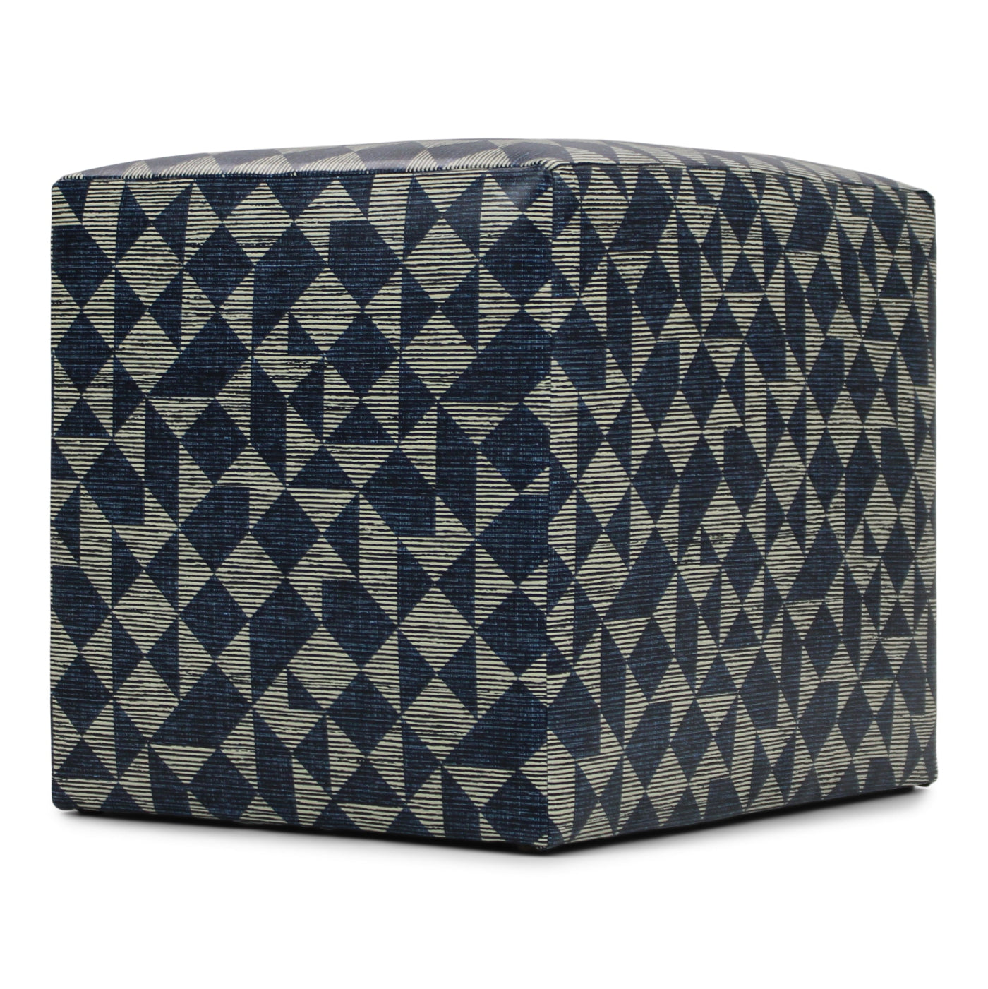 Cube-shaped ottoman with a geometric pattern on a white background
