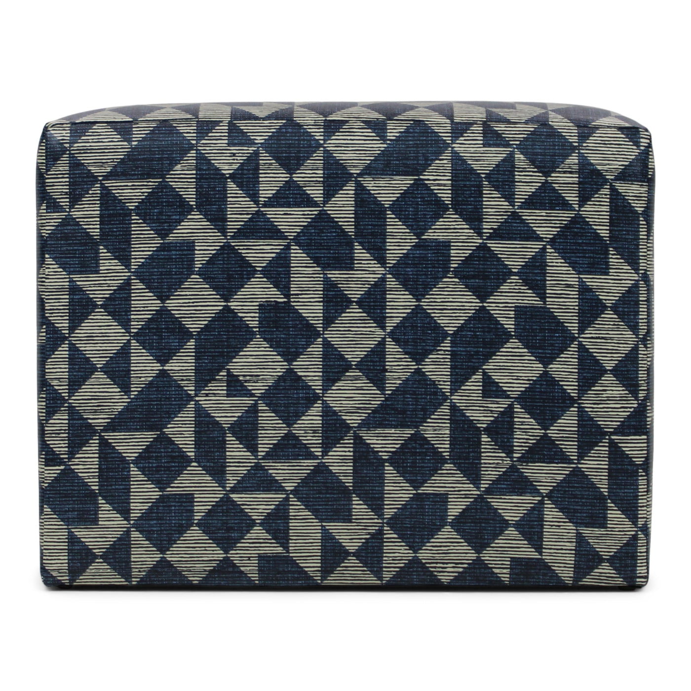 Cube-shaped ottoman with a geometric pattern on a white background