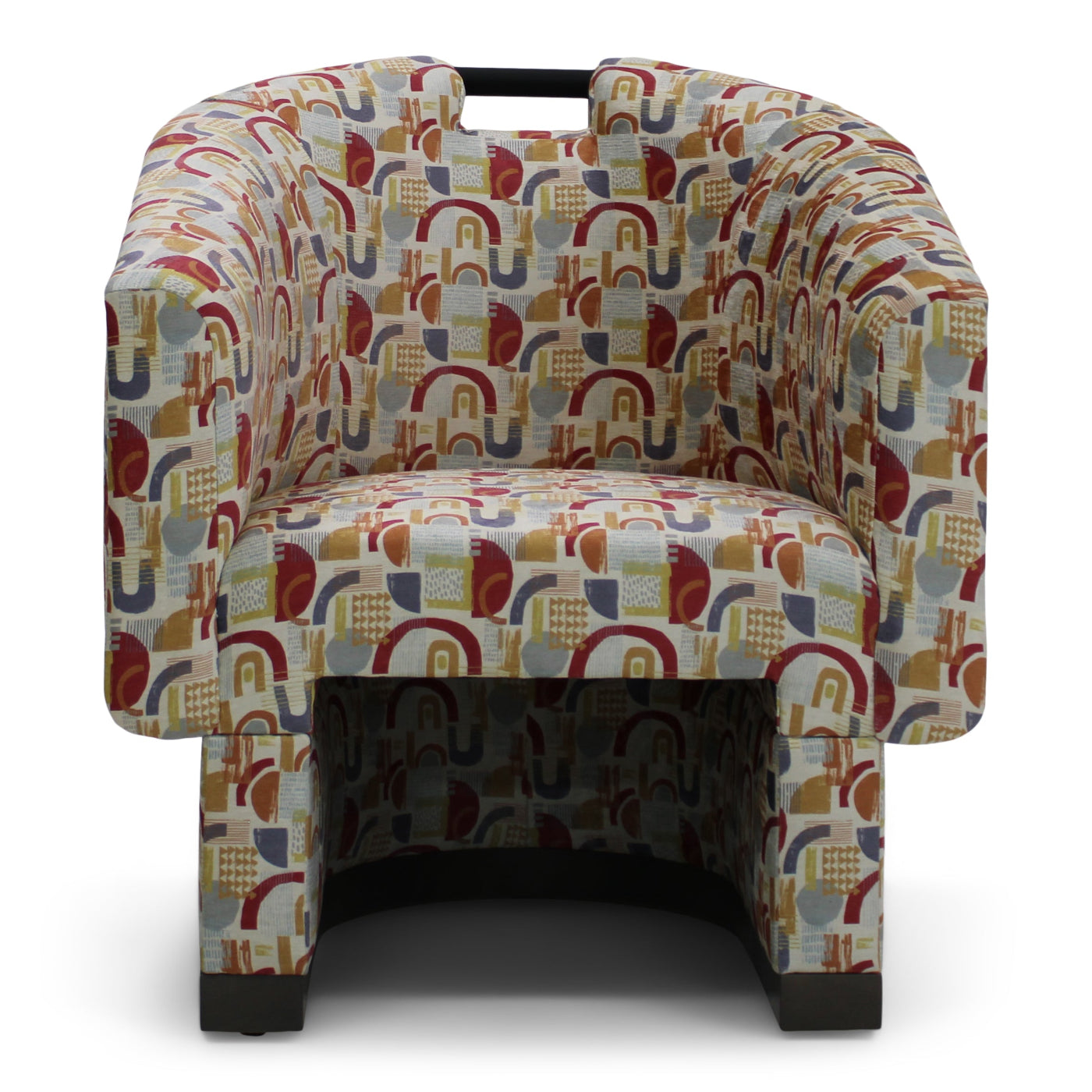 Patterned armchair with a colorful geometric design on a white background